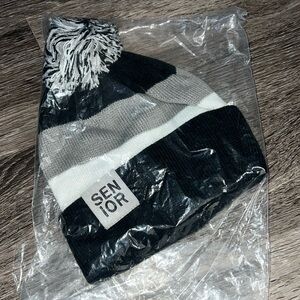 NWT/New in Packaging Black/Gray/White “Senior” Pom Pom Beanie